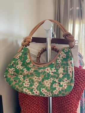 Lilly Pulitzer Green Floral Canvas Shoulder Bag with Tan Leather Knotted Handles